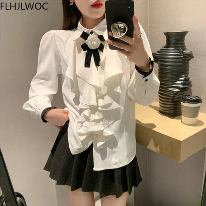 Cralom Spring Office Lady Workwear White Shirt Blouse Bow Tie Ribbon Top