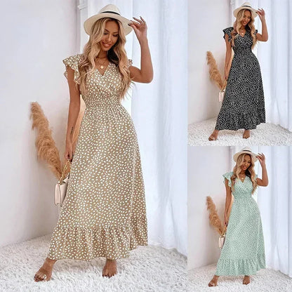Cralom Floral V-Neck High Waist Dress with Lotus Leaf Sleeves for Summer 2025