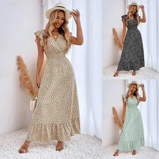 Cralom Floral V-Neck High Waist Dress with Lotus Leaf Sleeves for Summer 2025