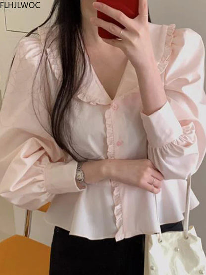 Cralom Pink Peplum Peter Pan Collar Shirt - Women's Preppy Style Top