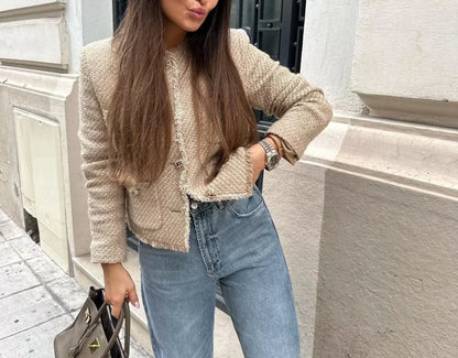 Cralom Solid Spliced Button Short Coat O Neck Long Sleeve Minimalist Women's Fashion