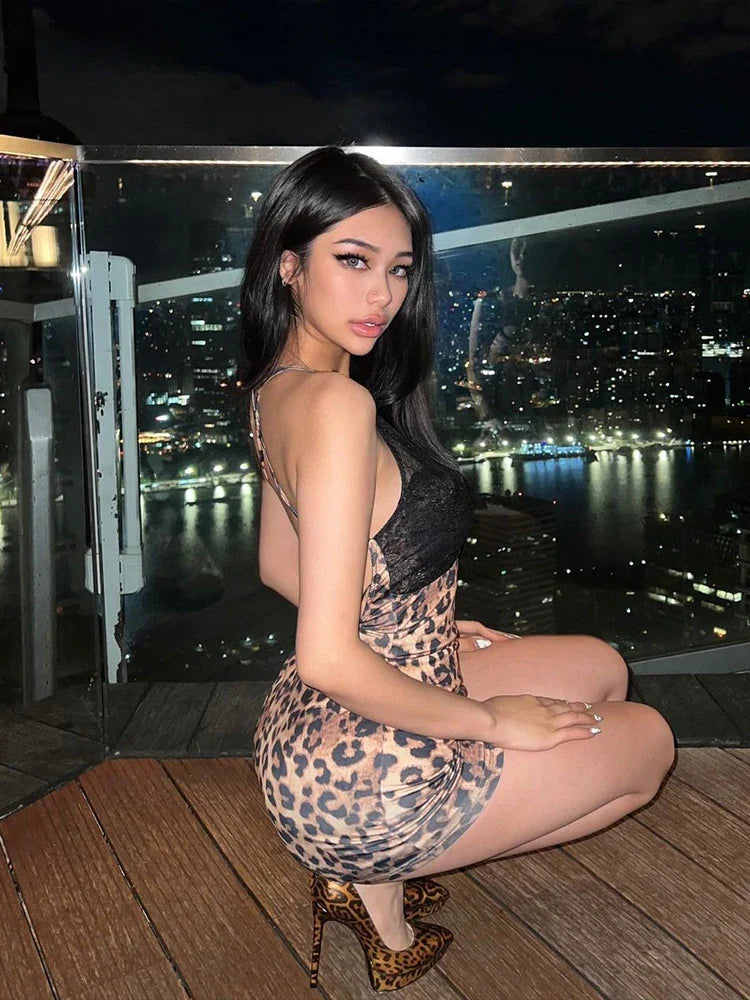 Cralom Backless Sexy Leopard Print Lace Halter Bodycon Dress for Party Clubwear