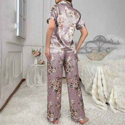 Cralom Satin Pajama Set: Short Sleeve Top & Long Pants Sleepwear