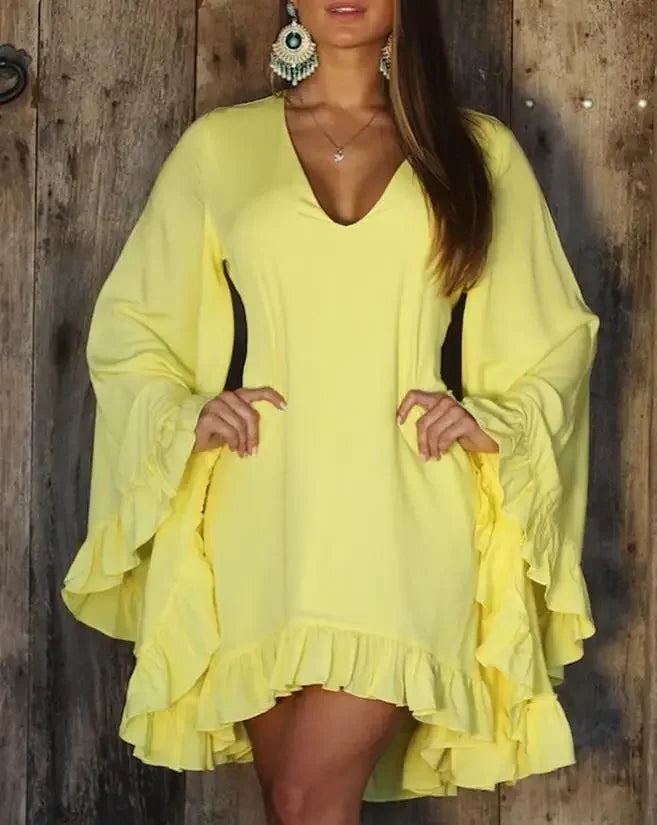 Cralom Sweet Ruffle Hem Bell Sleeve V-Neck Long Sleeve Dress