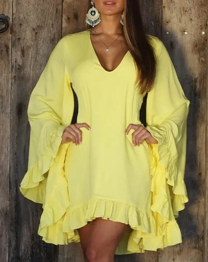 Cralom Sweet Ruffle Hem Bell Sleeve V-Neck Long Sleeve Dress