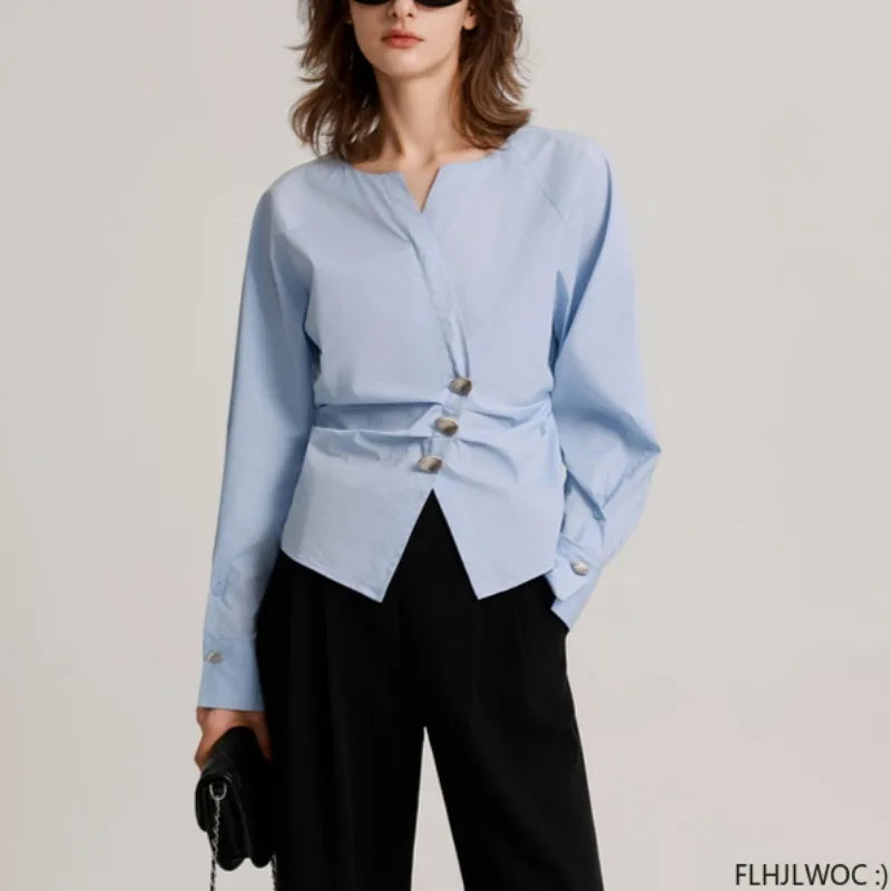 Cralom Autumn 2024 Tunic Peplum Top: Long Sleeve Solid Slim Waist Button Shirt