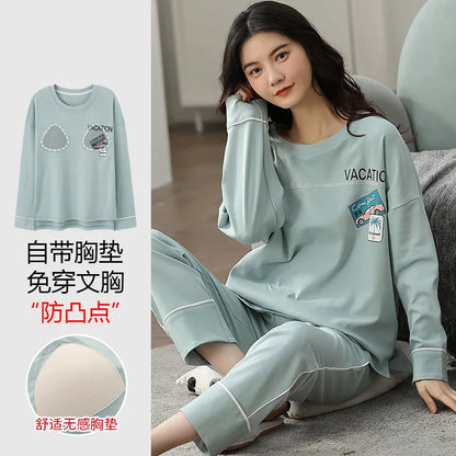 Cralom Cotton Pajama Set with Chest Pads, Long-sleeved Soft Sleepwear for Women