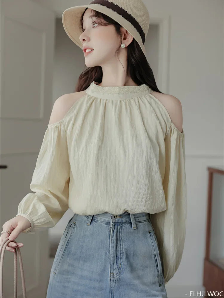 Cralom Off Shoulder Puff Sleeve Lace-Up Blouse