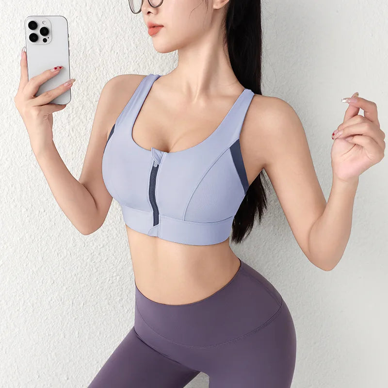 Cralom Front Zip Yoga Bra with Built-in Pads, Racer Back High-impact Support Crop Top