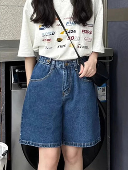 Cralom Women's Plus Size High Waist Denim Shorts Wide Leg Straight Leg Jeans