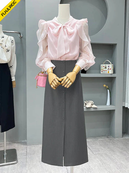 Cralom Pink Bow Tie Long Sleeve Blouse - Elegant Office Lady Korean Style Tops