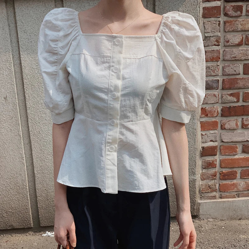 Cralom Sweet Square Neck Tops Blusas, Solid Colors, Single-Breasted Button White Shirts