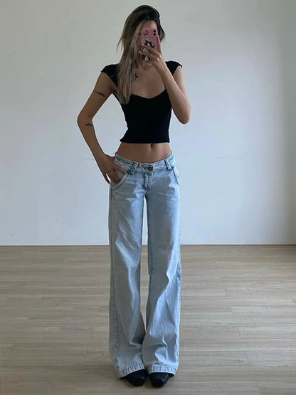 Cralom Streetwear Button Pockets Y2K Straight Jeans in Vintage Blue for Women
