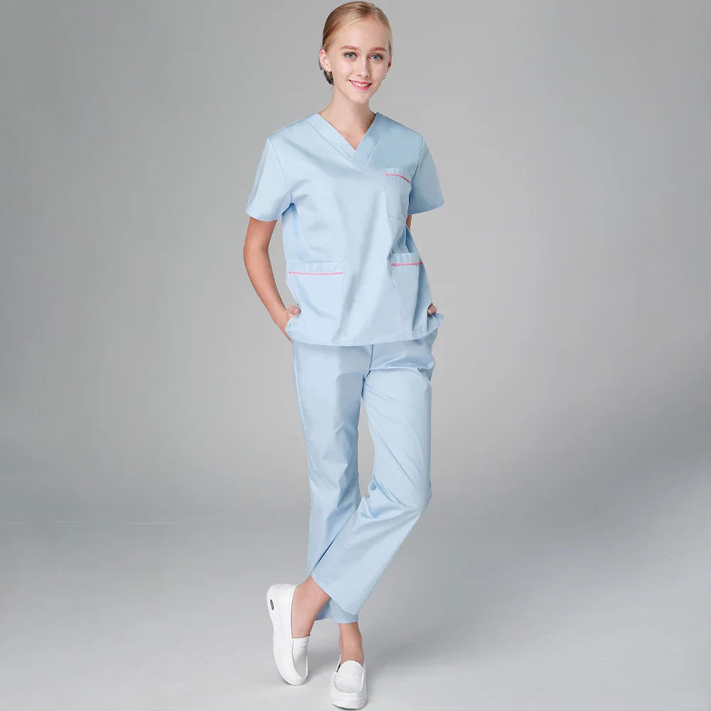 Cralom Women's Light Blue Scrub Set - V Neck Top and Pant