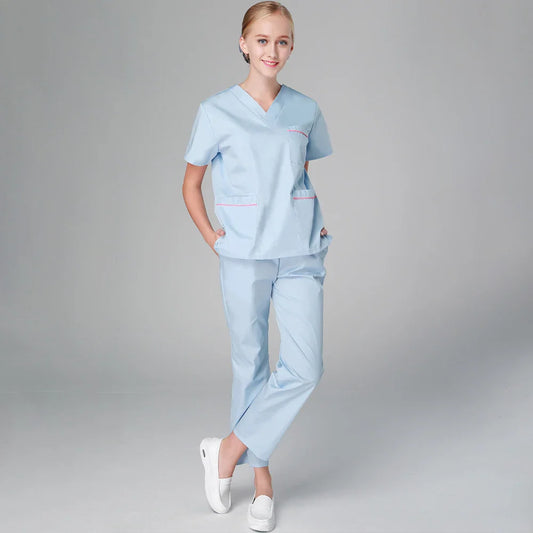 Cralom Women's Light Blue Scrub Set - V Neck Top and Pant
