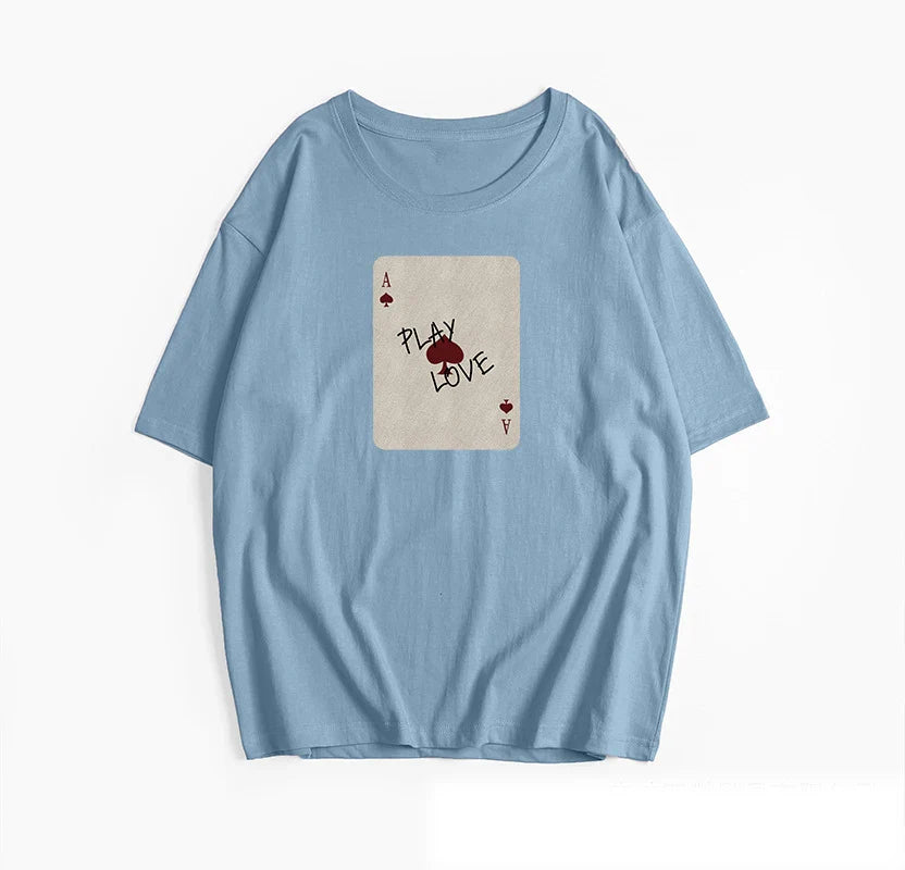 Cralom Poker Card Print T-Shirt Women's O-Neck Summer Top