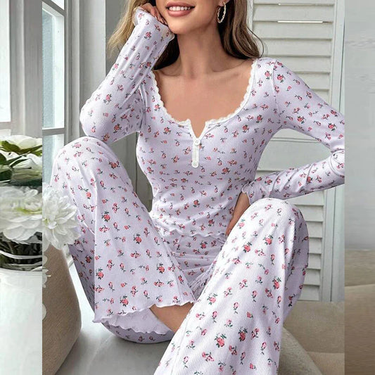 Cralom Printed Pajama Set: Long Sleeve Top, Elastic Waist Pants, Casual Spring Home Clothes