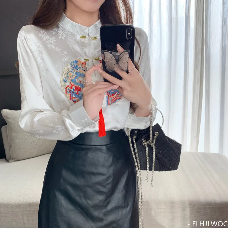 Cralom Stand Collar Bow Tie Embroidery Blouse - Chic Retro Vintage Button White Shirt