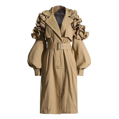 Cralom Belted Windcoat: Lapel Lantern Sleeve Trench Coats for Women