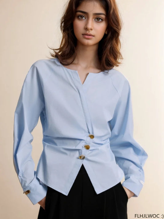 Cralom Autumn 2024 Tunic Peplum Top: Long Sleeve Solid Slim Waist Button Shirt