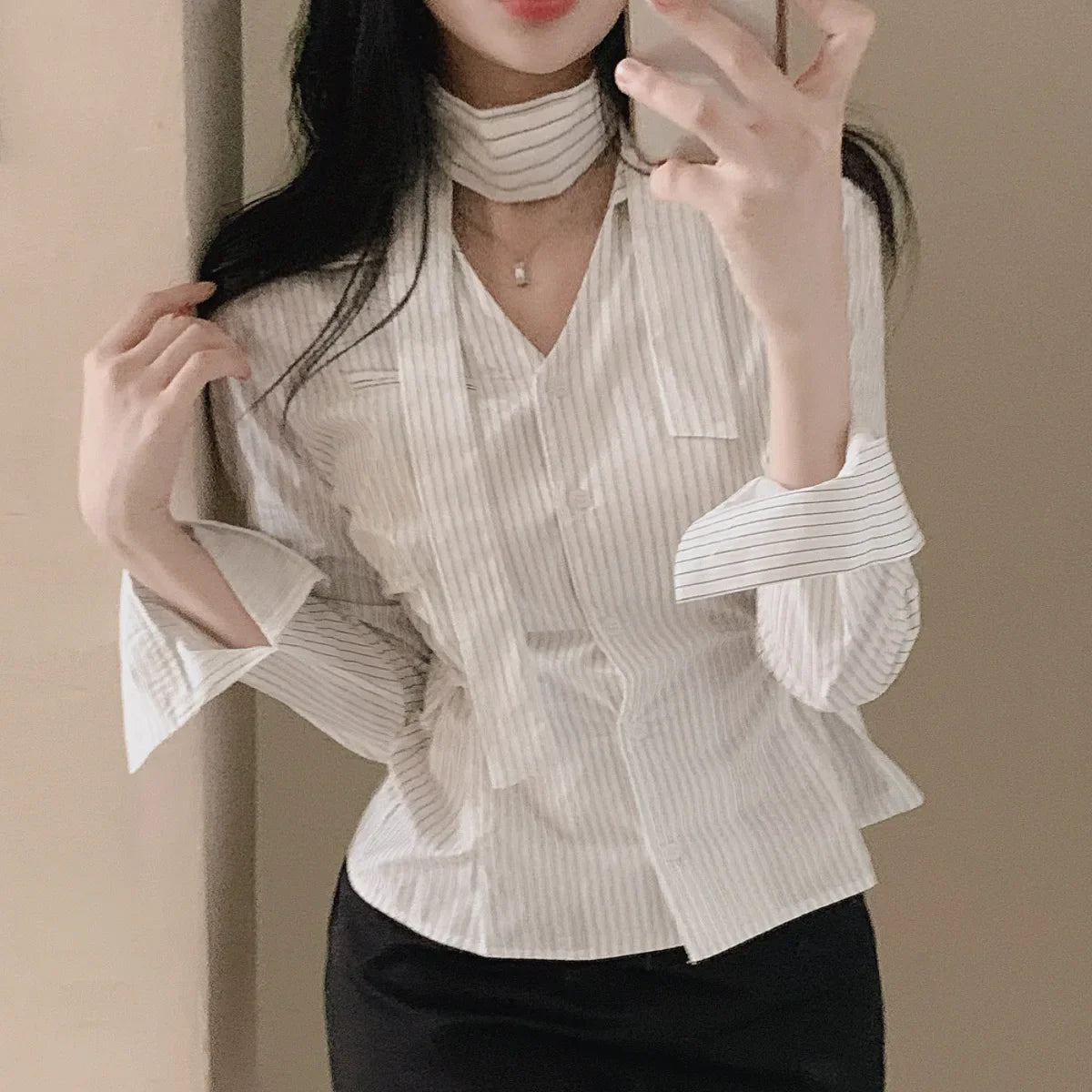 Cralom Striped Peplum Top Blouse Y2K Slim Waist Button Up Shirt