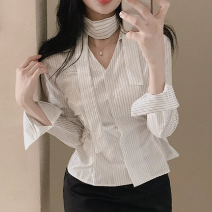 Cralom Striped Peplum Top Blouse Y2K Slim Waist Button Up Shirt