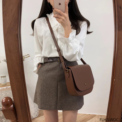 Cralom Flare Sleeve Peter Pan Collar Ruffles White Button Shirt