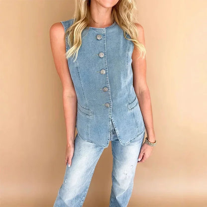 Cralom Sleeveless Denim Waistcoat with Pocket - 2025 Spring Collection