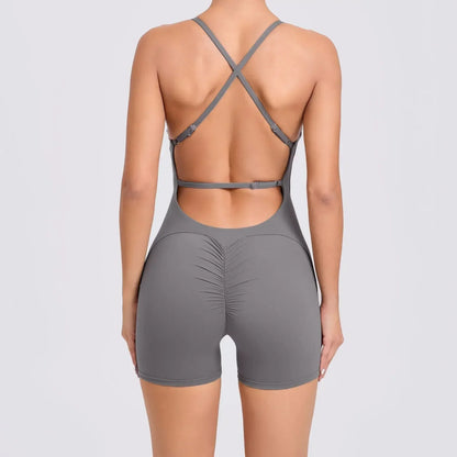 Cralom Women's Gym Fitness Jumpsuit Open Back Shorts Yoga Set