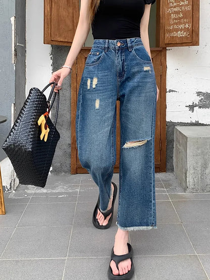 Cralom Vintage Washed Blue High Waist Loose Straight Jeans