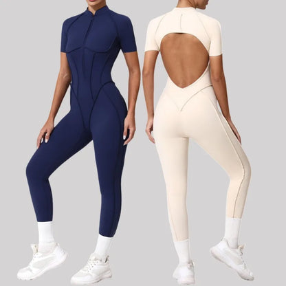Cralom Seamless Front-Zip Short Sleeve Sports Jumpsuit