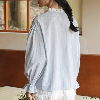 Cralom Sweet Girls Blue Stripe Button Shirt - Preppy Style Chic Stand Collar Blouse