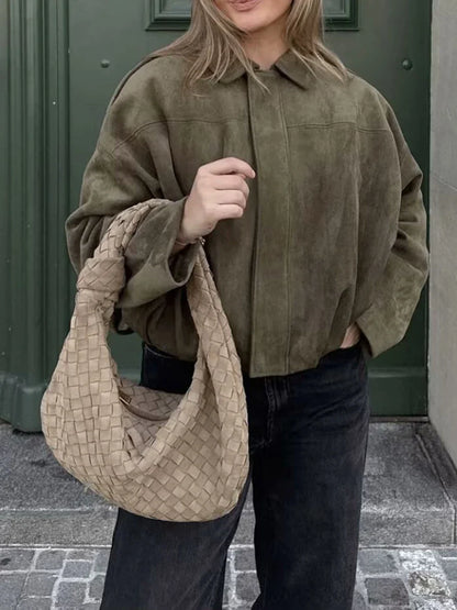 Cralom Lapel Zipper Jacket Women Long Sleeve Patchwork Coat