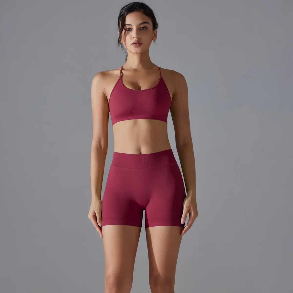 Cralom Women's Seamless Yoga Set - Cross Back Bra & Buttocks Gym Shorts