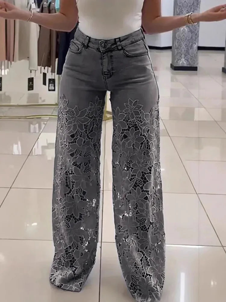 Cralom Streetwear Washed Blue Lace Spliced Jeans Wide Leg Pants