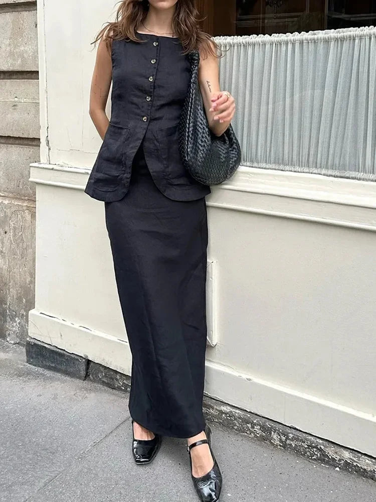 Cralom Sleeveless Vest & High Waisted Skirt Set for Office Ladies