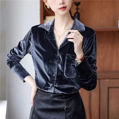 Cralom Long Sleeve Solid Gray Velvet Blouse French Style Women's Winter Top