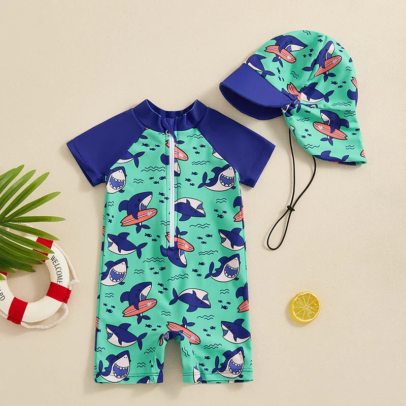 Cralom Baby Boy Rash Guard Swimwear Set with Sun Hat