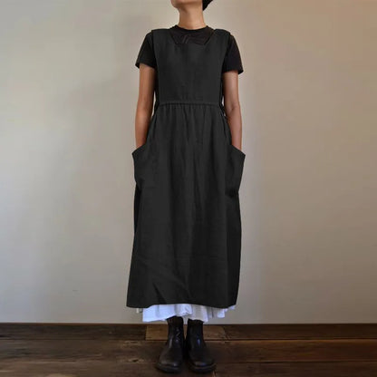 Cralom Sleeveless Cotton Linen Jumpsuit with Apron Design