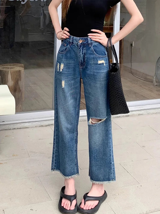 Cralom Vintage Washed Blue High Waist Loose Straight Jeans