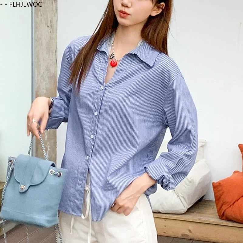 Cralom Retro Blue Striped Shirt: Women's Preppy Button-Down Office Top