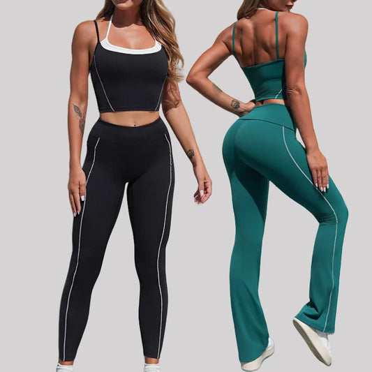 Cralom Seamless Yoga Set: Halter Top & Quick-Dry Flare Shorts - Gym Fitness Outfit