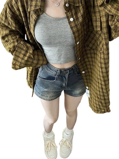 Cralom American Retro Denim Shorts Skinny Hip Hop Jean Shorts