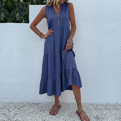 Cralom Women's Solid Color Loose A-Line Midi Dress - 2024 Summer Fashion