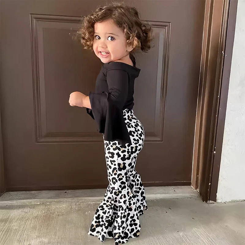 Cralom Baby Girl Black Top + Leopard Print Bell-Bottoms Set for 2-8 Years