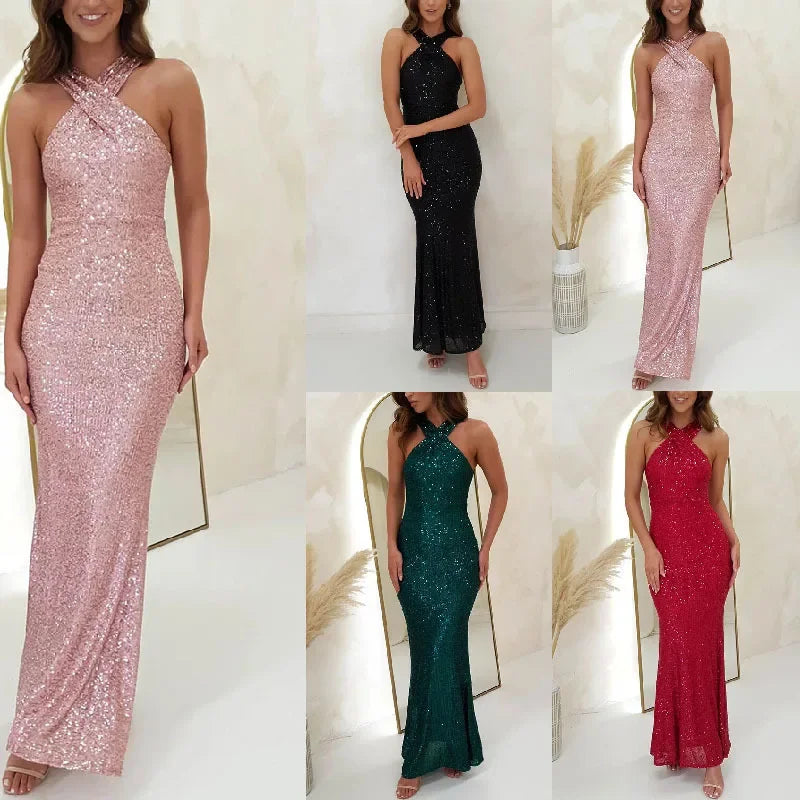 Cralom Sequin Beads Halter Neck Sleeveless Dress