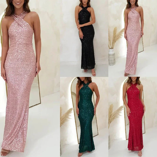Cralom Sequin Beads Halter Neck Sleeveless Dress