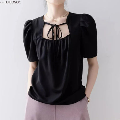 Square Neck Black Bow Tie Top - Cralom Women's Blouse