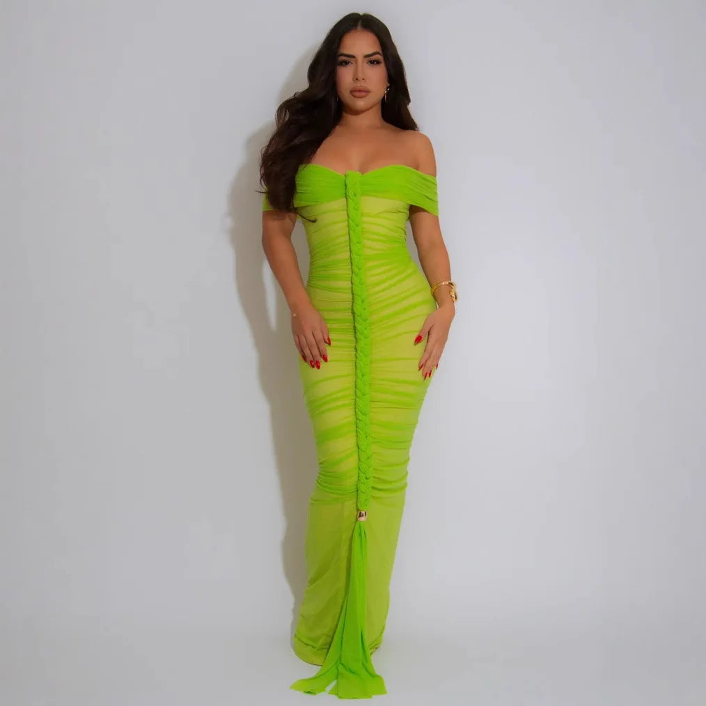 Cralom Mesh Pleated Shoulder One-piece Dress for Summer 2025