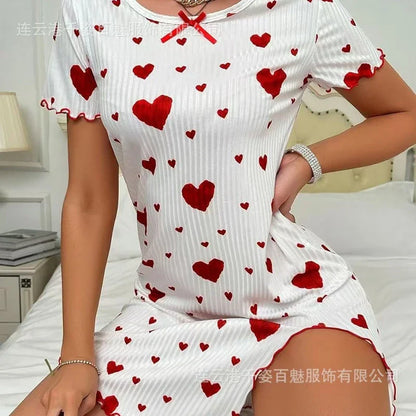 Cralom Heart Print Short-Sleeve Nightgown: Comfy Crew Neck Sleepdress for Summer